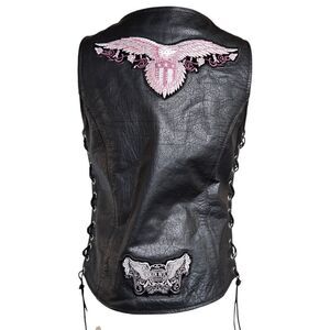 Unik Black Leather Side Tie Biker B**** Patched Rhinestone Vest or Shirt